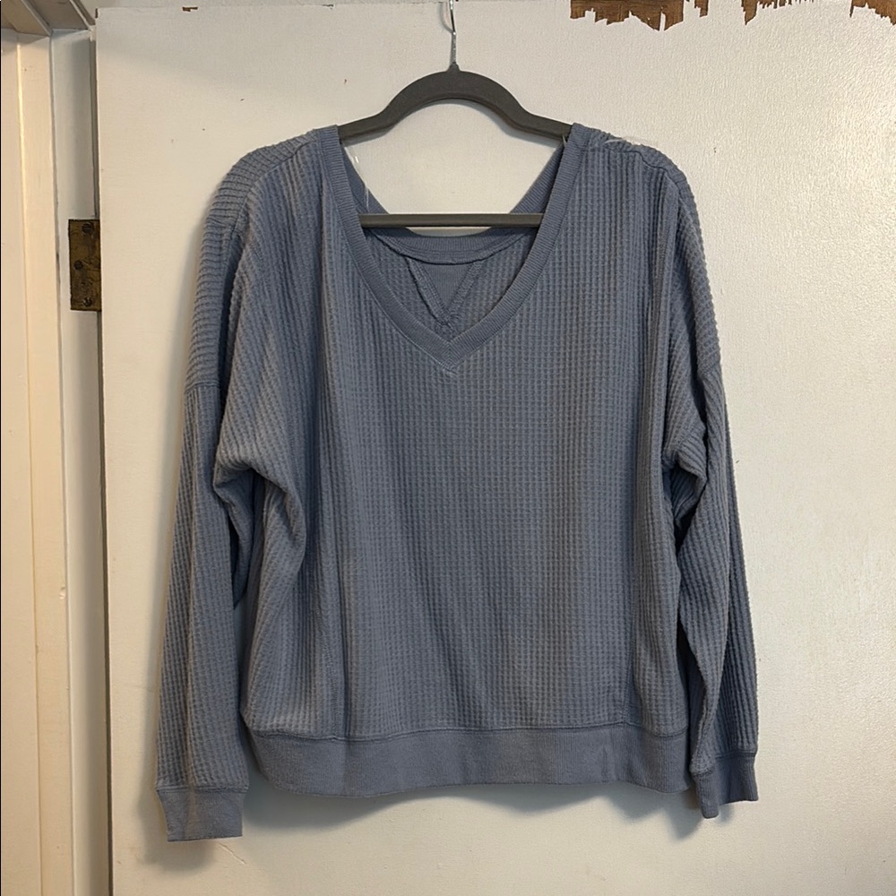 Blue V-Neck Waffle Knit Sweater